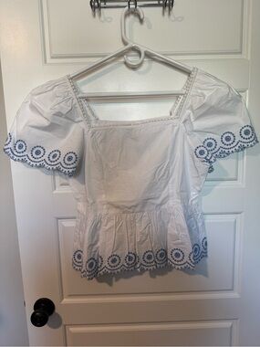 NWT Barbour 100% Cotton Joy Peasant Blouse Cottagecore Top, White/Blue, Size 8